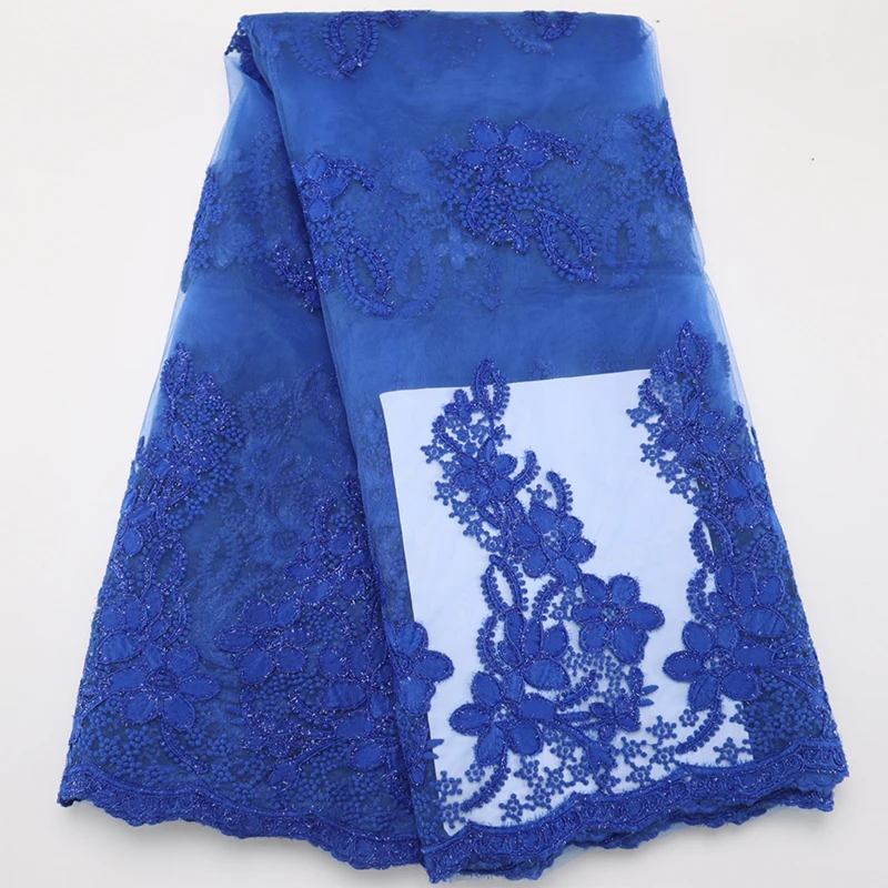 2022 African Royal Blue 5 Yards Lace Fabric High Quality Nigeria Flocking Tulle Embroiderey Fabric For Bridal Dress Material Sew