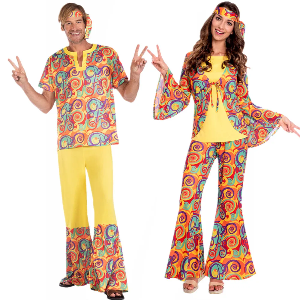 Halloween Hippie Kostüme für Erwachsene Vintage 1970s Disco Bühne Leistung Anzug Frauen Männer Rock Hippies Cosplay Kleidung