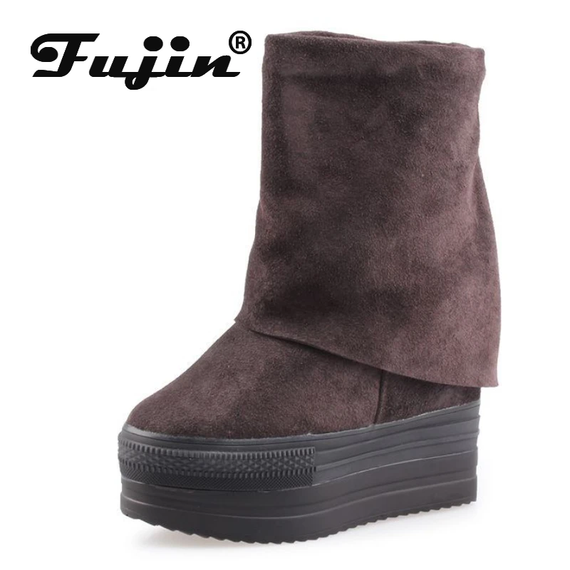 Fujin 13cm Cow Suede Genuine Leather Women Boots Knee High Platform Wedge Spring Hidden Heels Plush Winter Plush Autumn Shoes