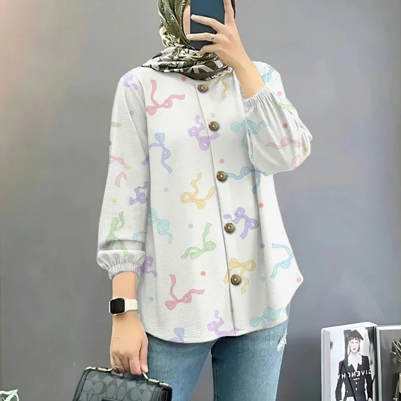 

Длинная блузка Muslimah 2021, корейский стиль, милая бабочка, галстук с круглым вырезом, женская рубашка, одежда Muslimah, рубашки