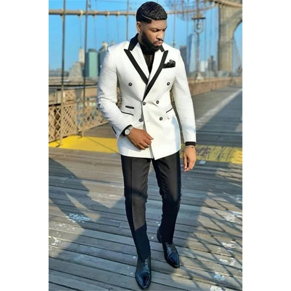 

Customized Double Breasted Men Suits Formal Peak Lapel Skinny 2 Piece Jacket Pants Full Sets Elegant Wedding Costume Homme