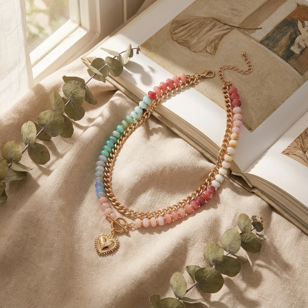 Boho Bunte Harzperlen-Doppelschicht-Halsketten für Damen, Vintage Herz OT Toggle Anhänger Choker, Sommer Charms Schmuck Geschenke – Detail 6