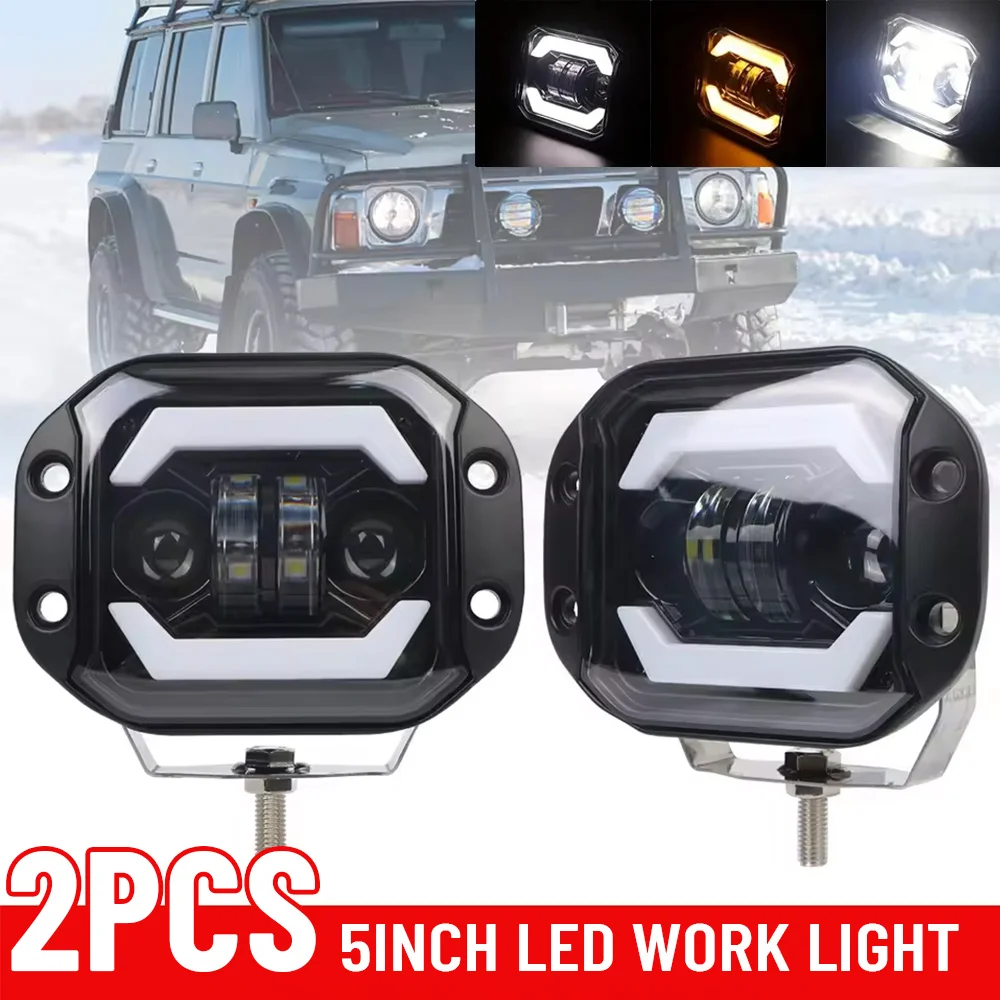 

2PCS 5" LED Work Light Bar Spotlight Flush Mount Headlight Angel Eyes Hi/Low Beam Off Road for 4X4 Atv Niva Lada Truck ATV UTV
