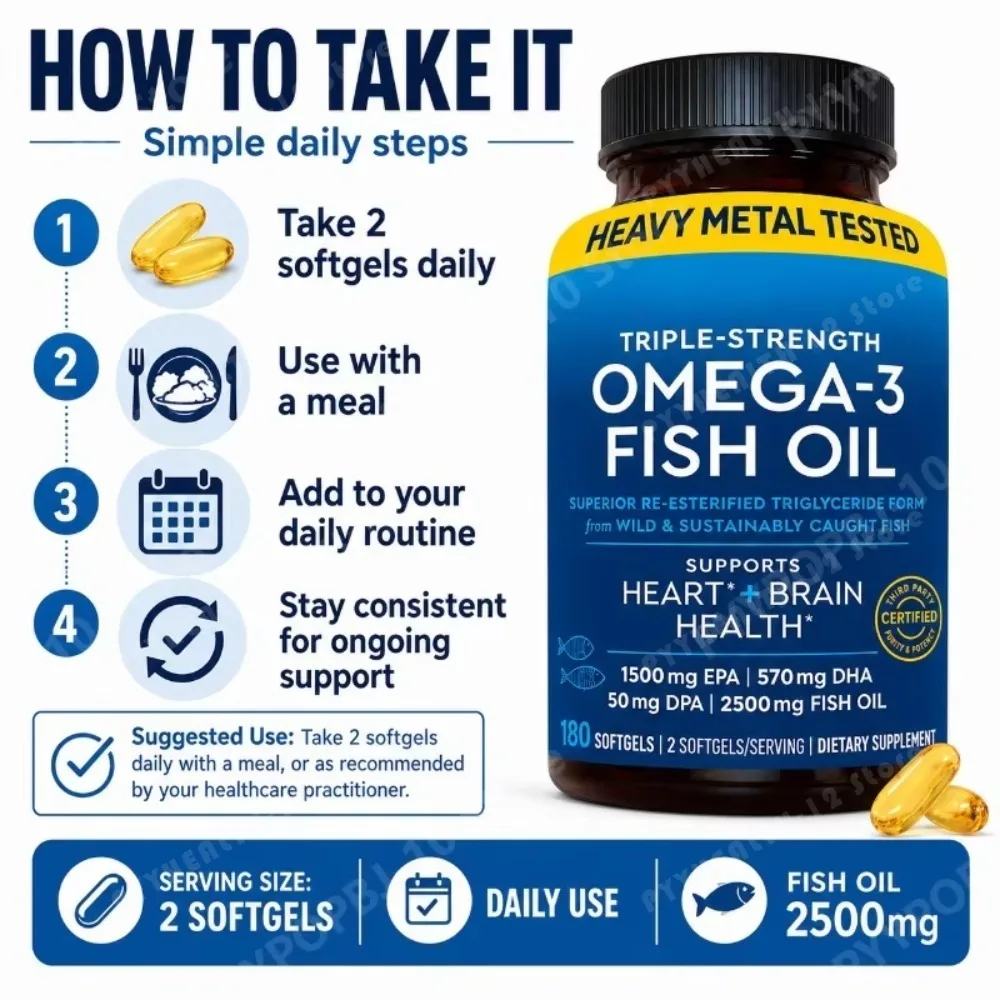 High Potency Omega-3 Fish Oil Softgels 2500mg with EPA 1500mg DHA 570mg rTG Formula for Heart Brain Eye Support 180 Count - view 6