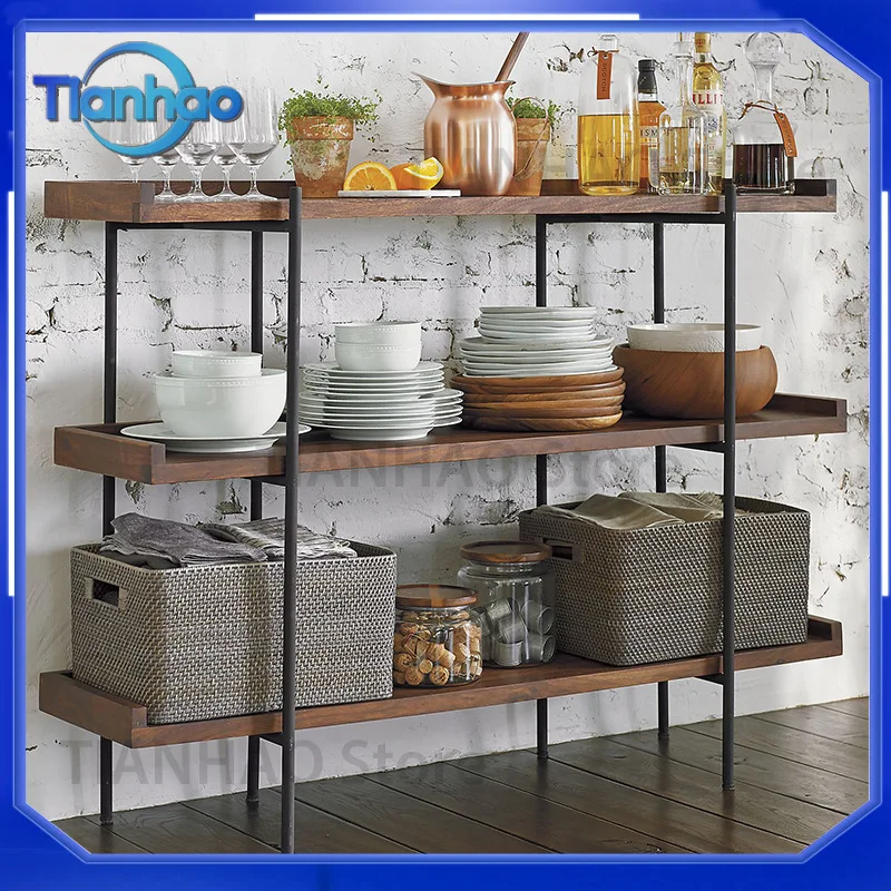 Retro Wooden Bookshelf for Living Room Hallway Kitchen Storage Display Shelf Dining Room Organizer