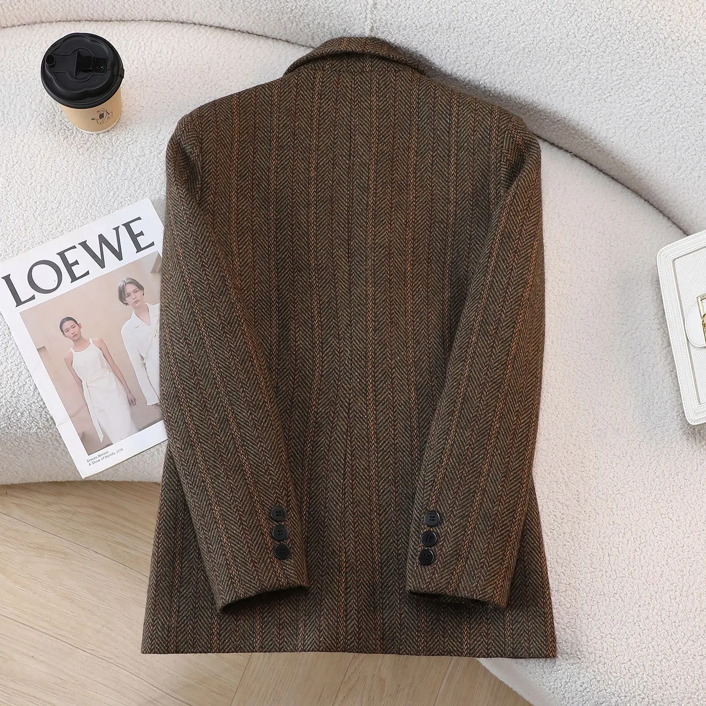 2026New Autumn Winter Coffee Retro Herringbone Woolen Blazer Women Coat Korean Casual Ladies Office Suit Jacket Female Outerwear