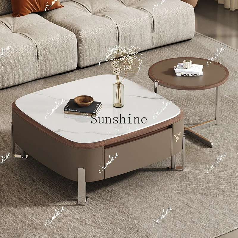 Saddle leather square combination double pumping storage living room household small apartment coffee table TF