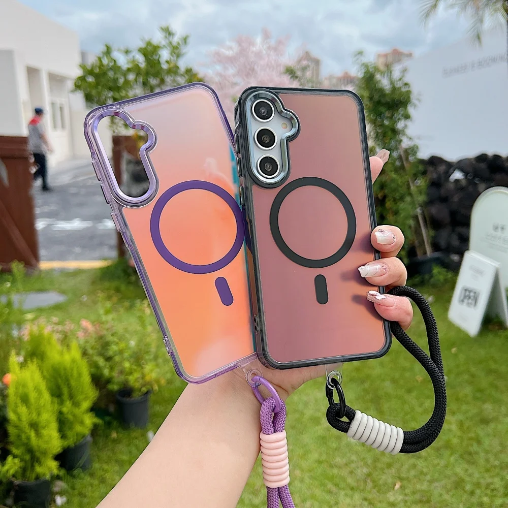 Gradient Laser Magnetic Wrist Strap Case For Samsung S25 S23 Ultra S24 Plus S25Edge A55 A56 A35 A36 A25 A15 A34 Acrylic Cover - náhled 2