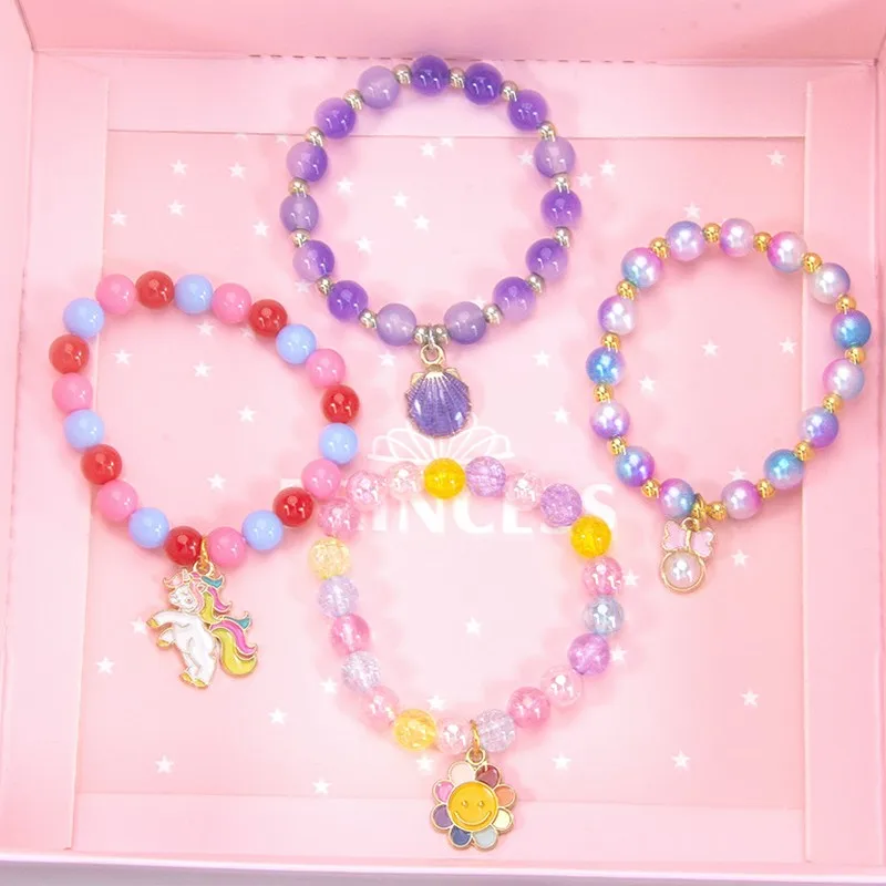Cute Cartoon Kids Beaded Bracelet with Unicorn Mermaid Shell Pendant Alloy Girls Jewelry Handmade Gift