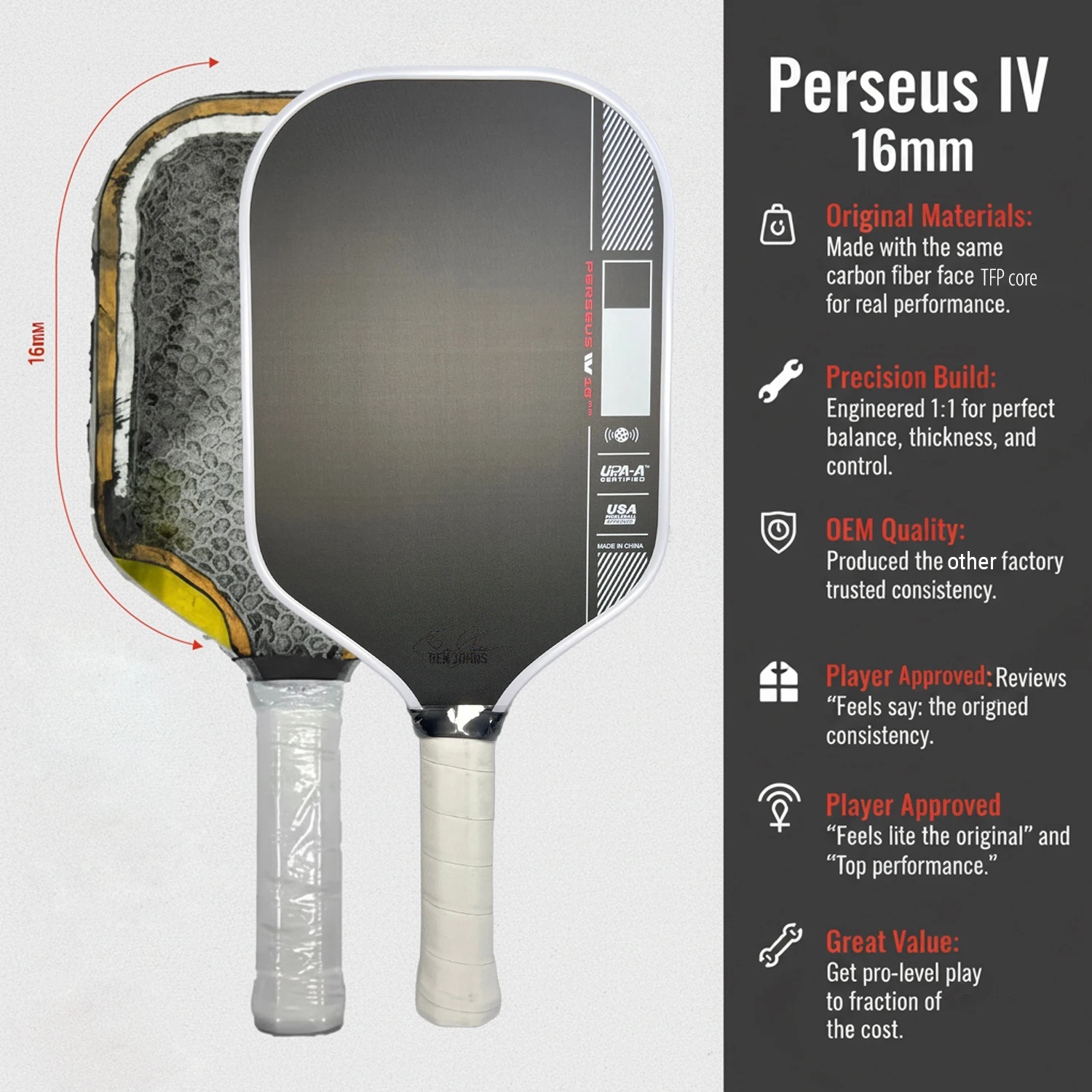 

2025 Perseus Pro IV 16mm Pickleball Paddle Gen 4 Propulsion TFP Core Toray T700 Thermoformed Carbon Fiber Professional Racket