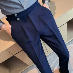 Pantalones de vestir de estilo británico para hombre, pantalón informal ajustado de cintura alta, azul y negro, traje Formal de negocios, ropa de primavera