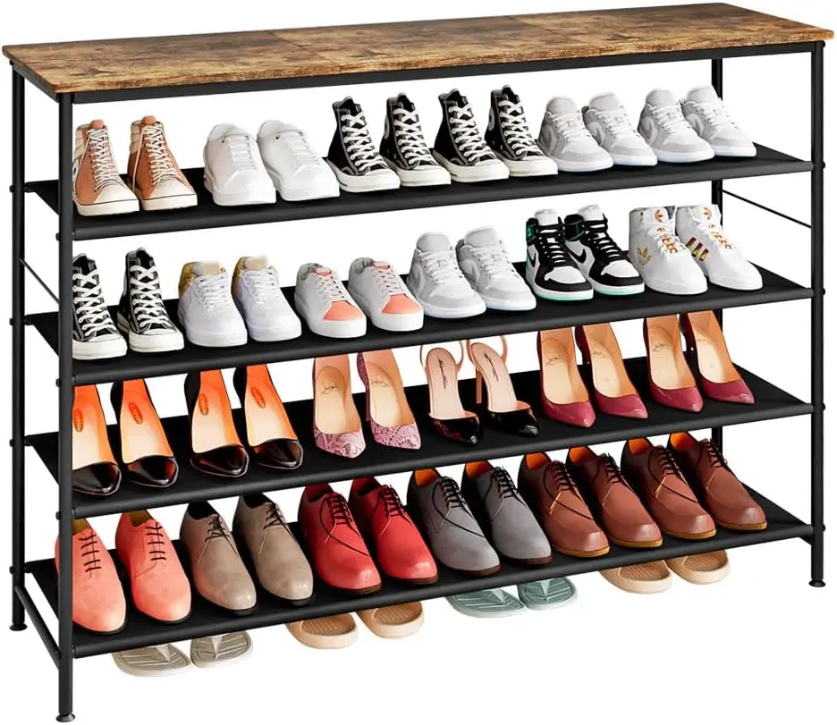 

5-Tier Metal Shoe Rack with MDF Top and Fabric Layers for Entryway, Closet, Bedroom, Living Room, Garage in Black & Rustic Brown