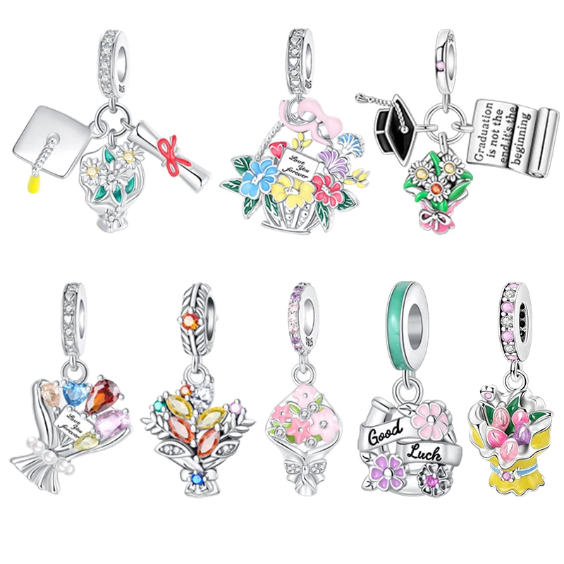 2025 Mother's Day Charms Bead Original 925 Sterling Silver Flower Bouquet Mom's Gift Graduate Pendants Fit Bracelet DIY Jewelry