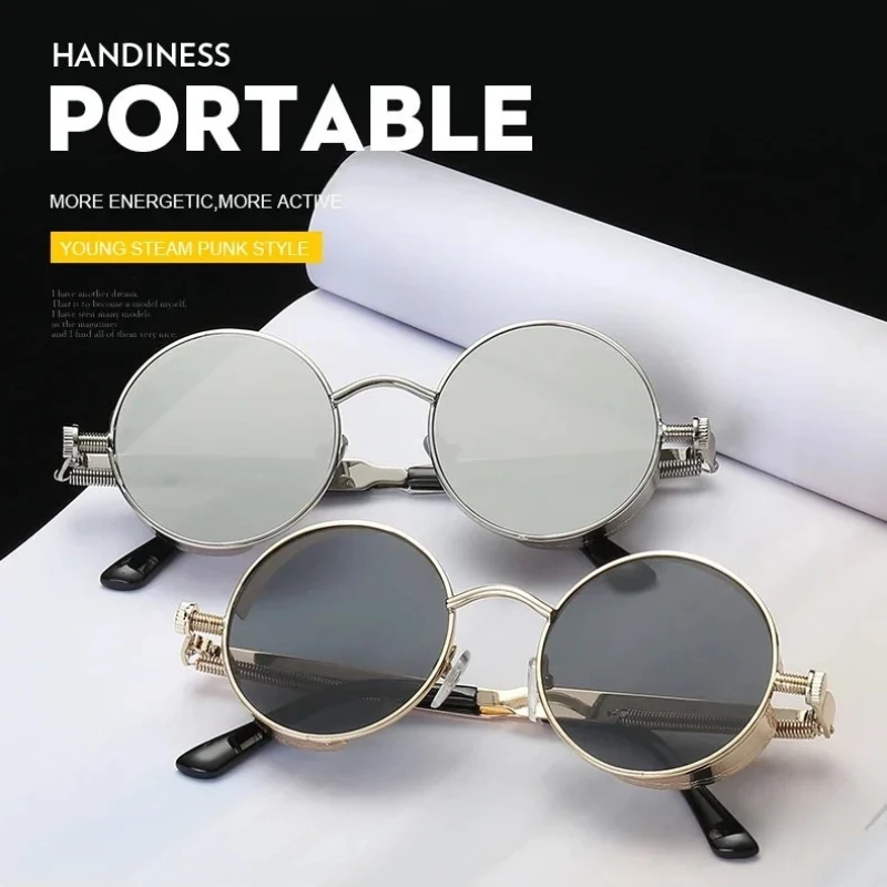 

Steampunk Retro Round Frame Sunglasses with Metal Spring Hinges Featuring Reflective Colorful Lenses for Men Women Sun Glasses