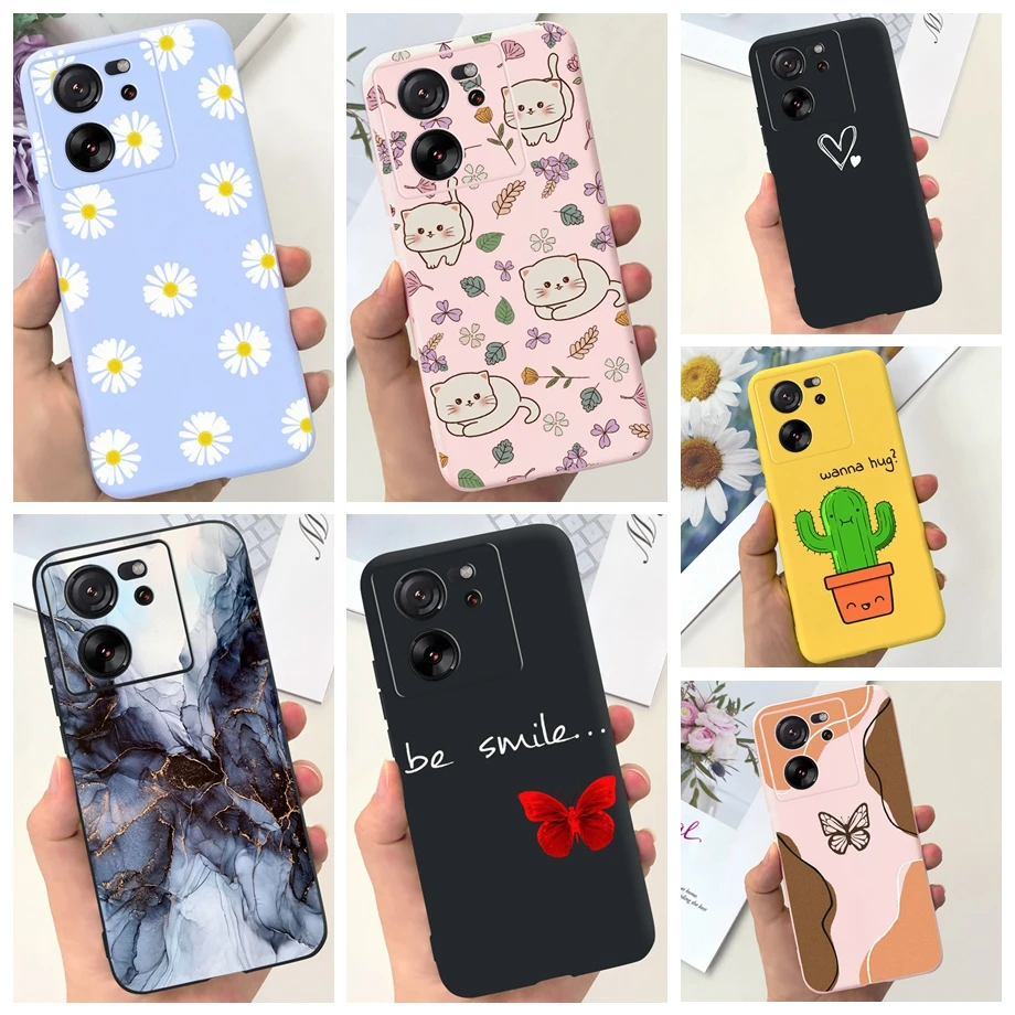 For Xiaomi Mi 13T Pro Mi13T Case Liquid Silicone Soft Shockproof Back Bumper Daisy Cacuts Marble Print For Xiaomi 13TPro 13 T