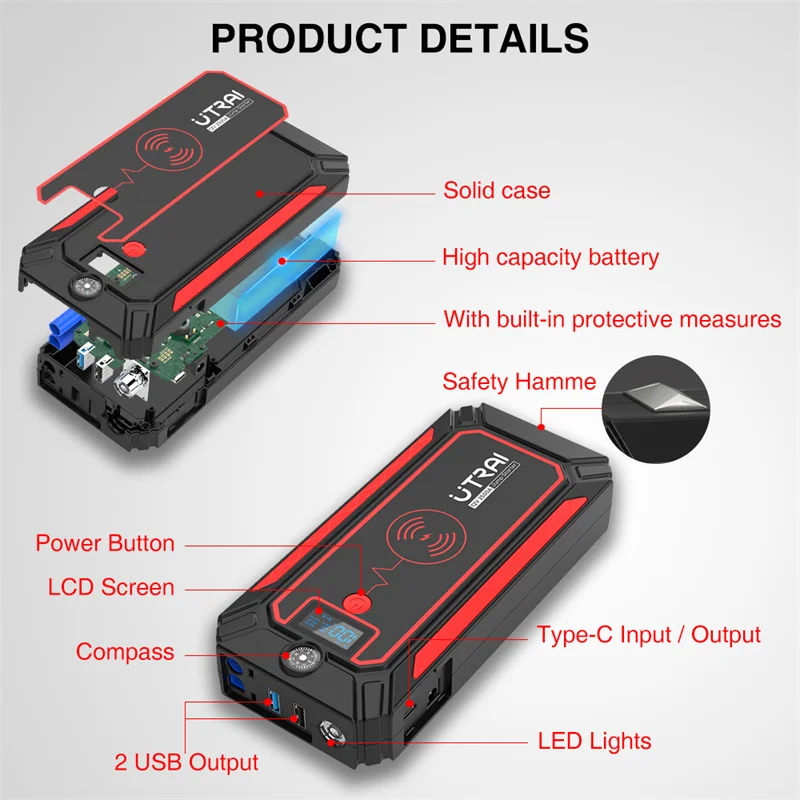 UTRAI 2500A Peak Jumpstart ด้วยชาร์จไร้สายจอแสดงผล LED รถ Starter แบตสำรองฟังก์ชั่น OEM โรงงานสำหรับ Jump Starter