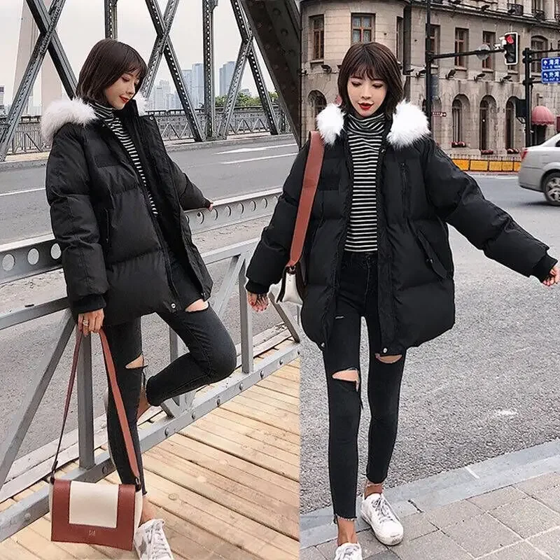 2023 New Cotton-padded Clothes Mid-length Winter Jacket Female Thick Warm Bomber Jackets Fashion Women Loose Padded Coats Black