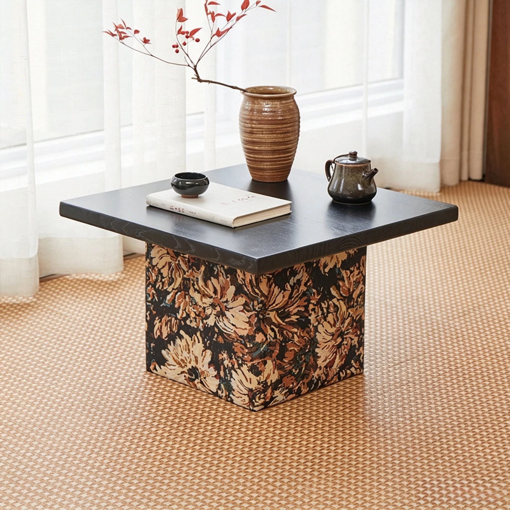 Solid Wood Low Tea Table Floor Side Table  Chair with Upholstered Soft Backrest Bay Window Seat for Leisure Reading Nook