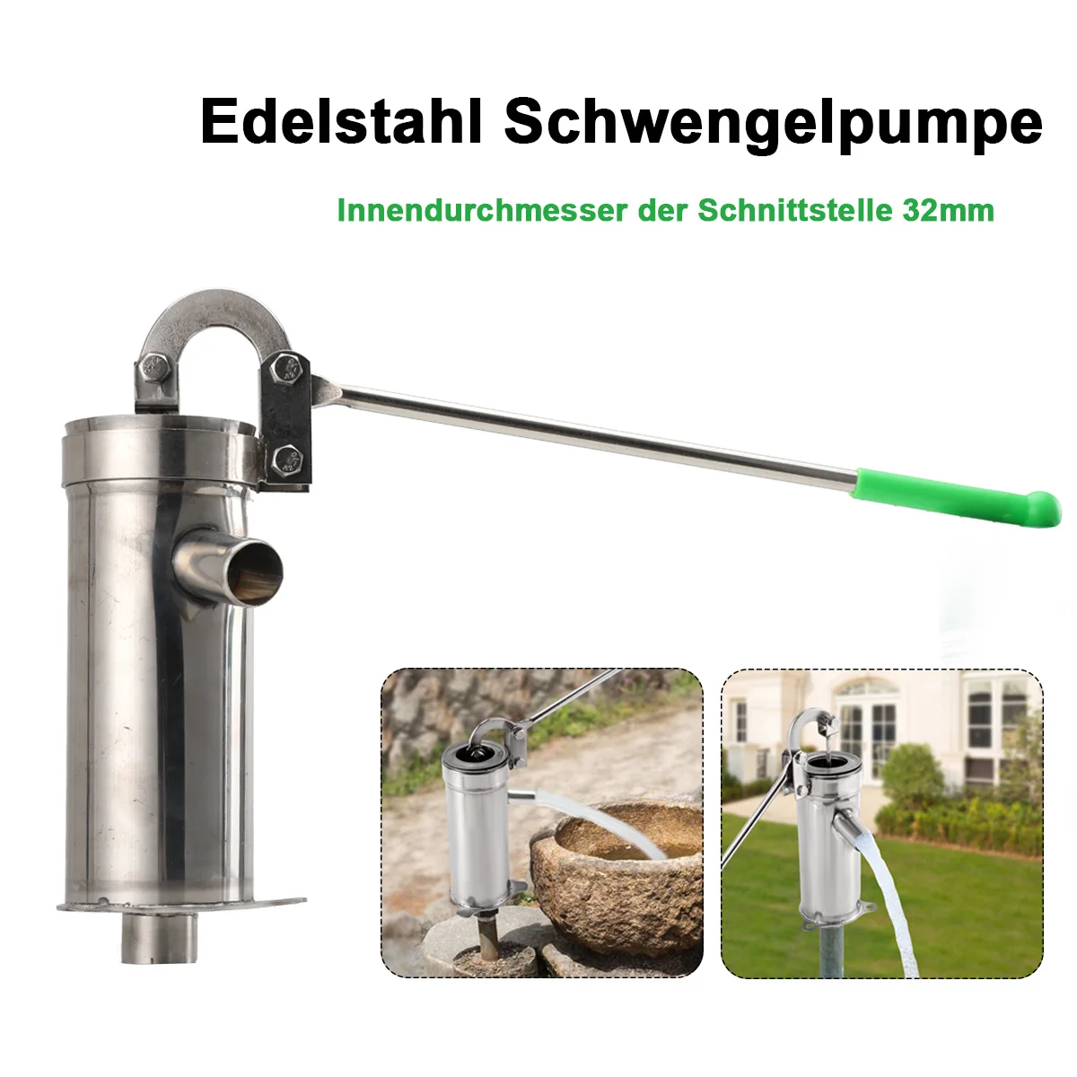Image of Manuelle Brunnenpumpe aus Edelstahl 202, Langlebige Handpumpe mit Saugfunktion für Gärten, Parks, Teiche & Hausgebrauch, Unterstützt 10m Wassertiefe, Druckwasserpumpe