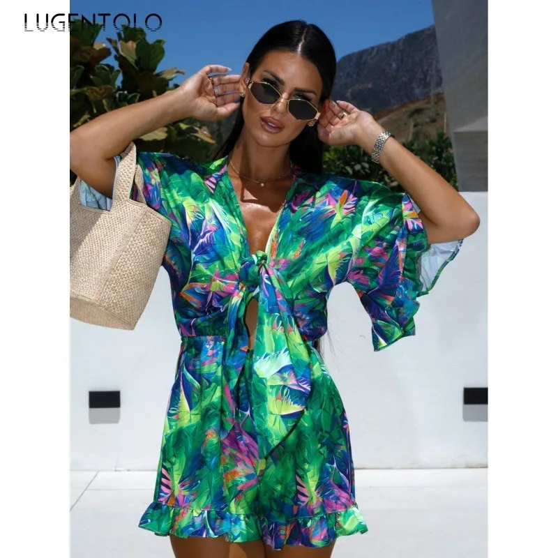 بذلة نسائية كلاسيكية مطبوعة بأكمام مكشكشة ، مثيرة مجوفة ، سراويل قصيرة كاجوال بأربطة ، ملابس حفلات منتجع متعددة الاستخدامات ، موضة