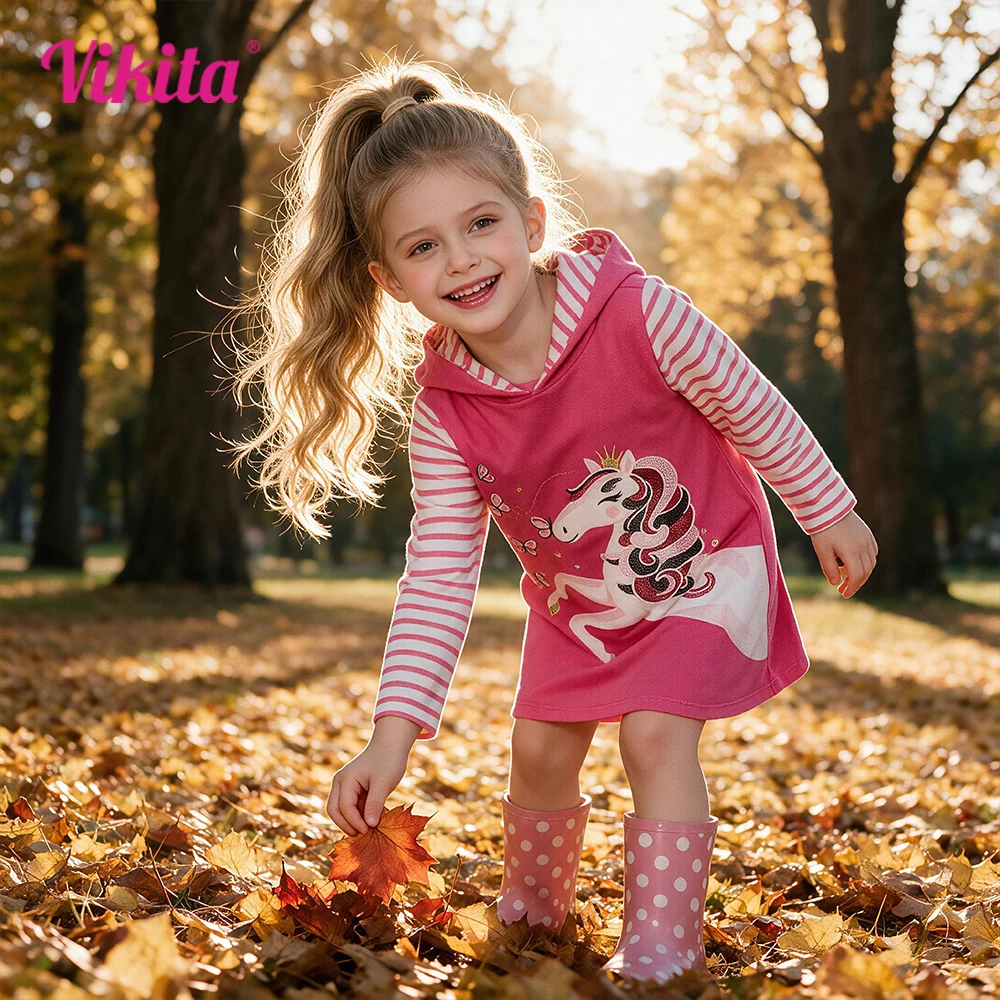 Girls Pink Unicorn Hoodies Sweatshirt Dress with Glitter Butterfly Graphic Kids Spring Fall Cotton School Daily Soft Frocks