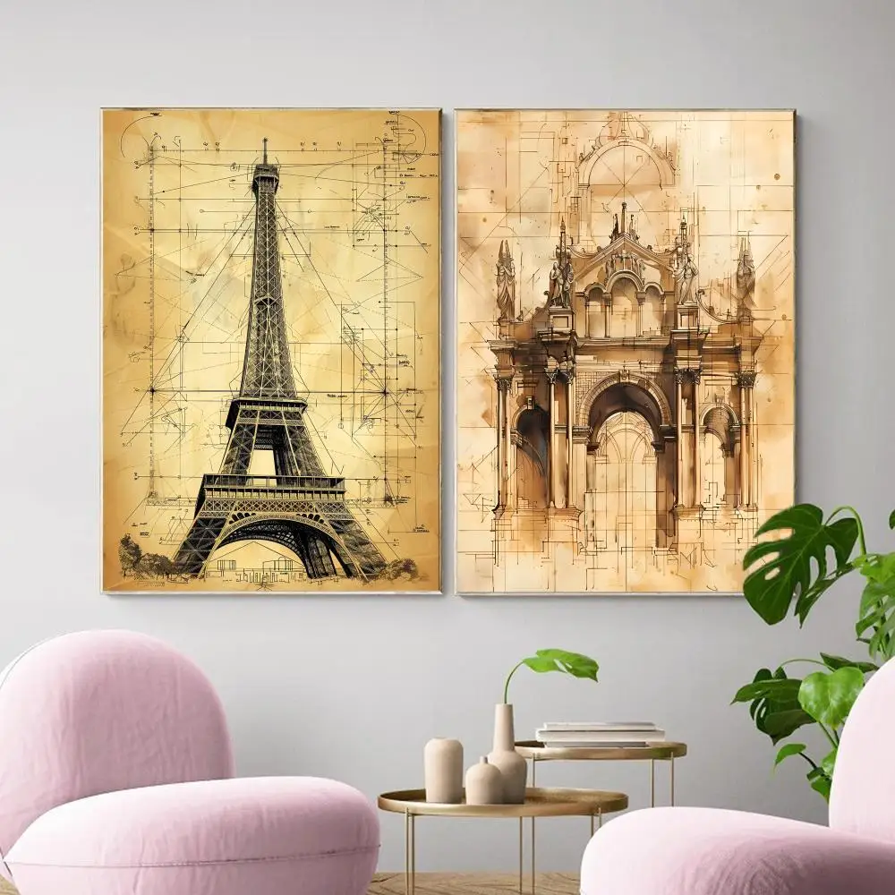 Vintage Architecture Drawings Painting Calligraphy Canvas Poster Wall Art Aesthetic Home Decoration for Living Room