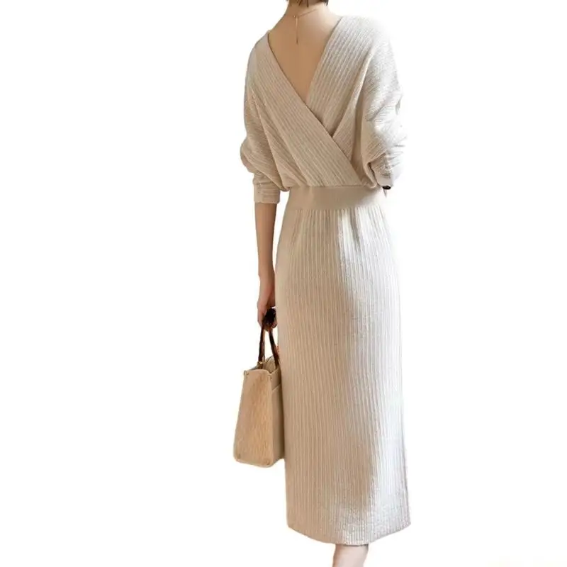 

31BF Women's Wrap V Neck Ribbed Knit Sweater Dress Long Sleeve Bodycon Pullover Maxi Dress Backless Bodycon Dress