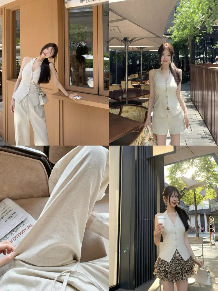 

JongLimit Spring New Loose Cotton Linen Casual Set Women's (Jaet Long Pants orts) Faionable Tee-piece Suit V-ne B...