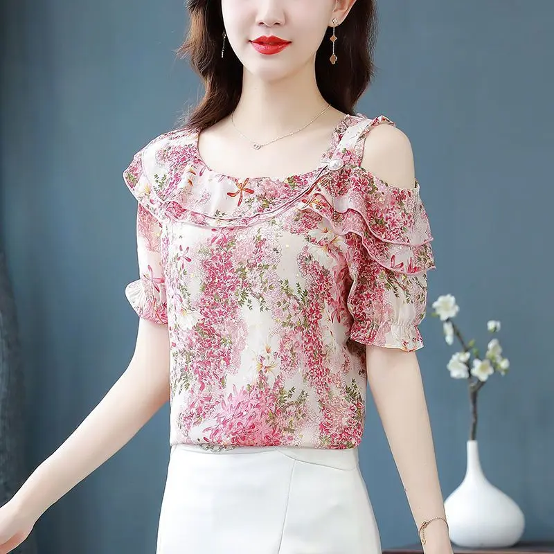 2024 New Summer Korean Elegant and Fashionable Blouse Short Sleeved Slim Fit One Neckline Ruffles Printed Women\'s Shirt Top