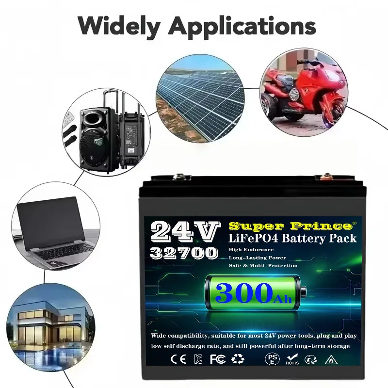 Super Prince 24V LiFePO4 Battery,300Ah 500Ah 33140 Cells,Built-in 200A BMS,New Battery for Marine & Solar Off-Grid