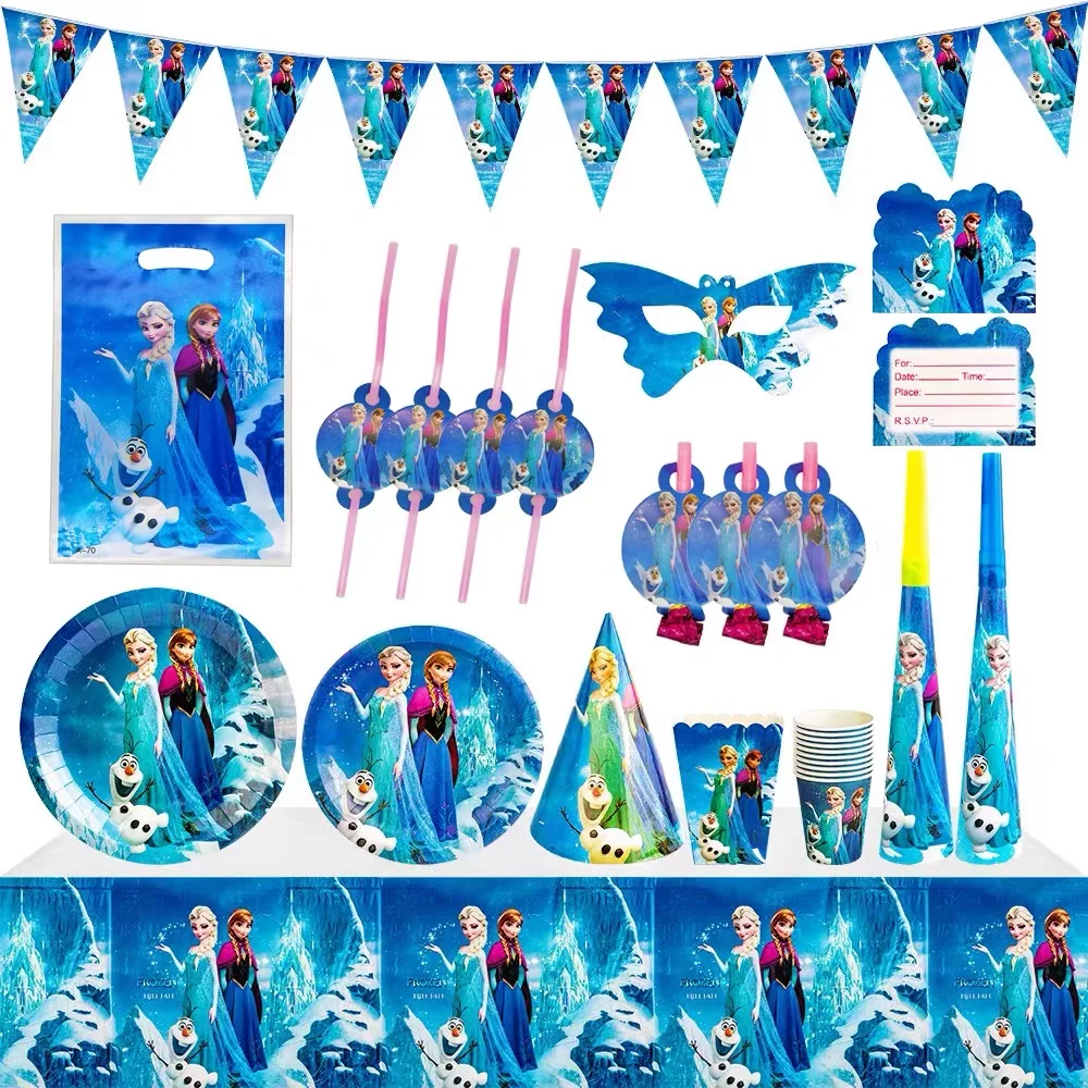 Disney Elza Frozen Birthday Party Decoration Tableware Balloons The Snow Queen Theme Party Supplies Cup Plate Banner Background