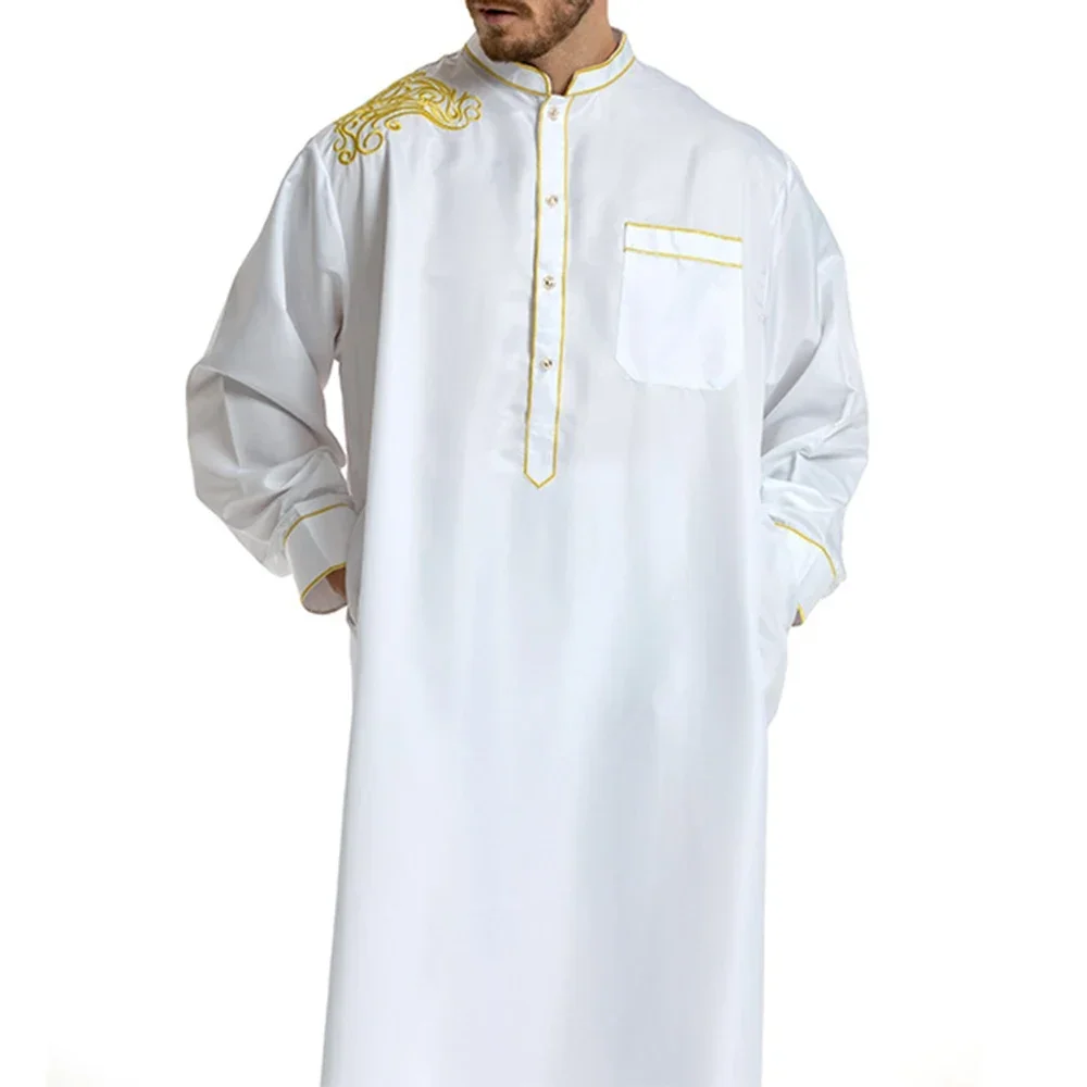 Men's Muslim Middle East Islamic Arab Islamic Ethnic Clothing Vintage Loose Embroidered Long Sleeve Pocket Length Muslim Robe