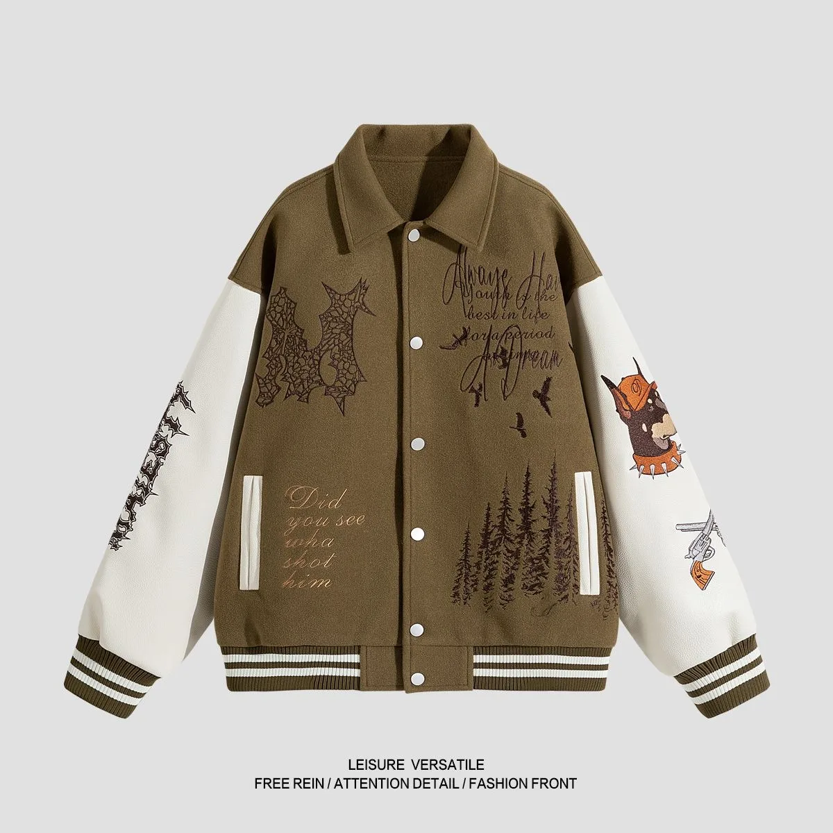 

Весенне-осеннее модное шерстяное бейсбольное джато в американском стиле ретро с вышивкой и воротником-стойкой для пилота