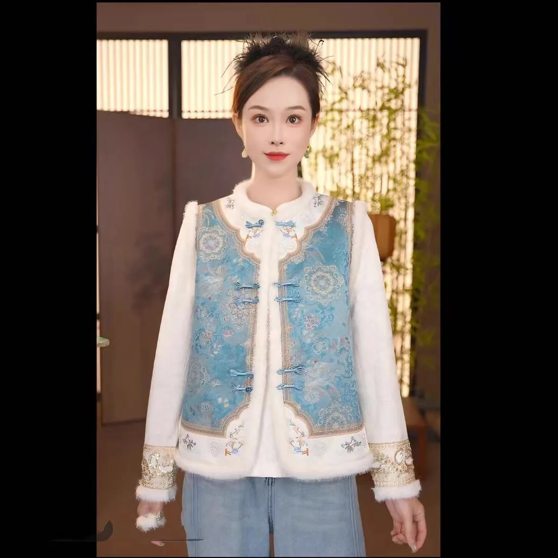 

Новая машинная вышивка в китайском стиле, парчовый жаккардовый жилет династии Национальной Сун Цин, хлопковый жилет