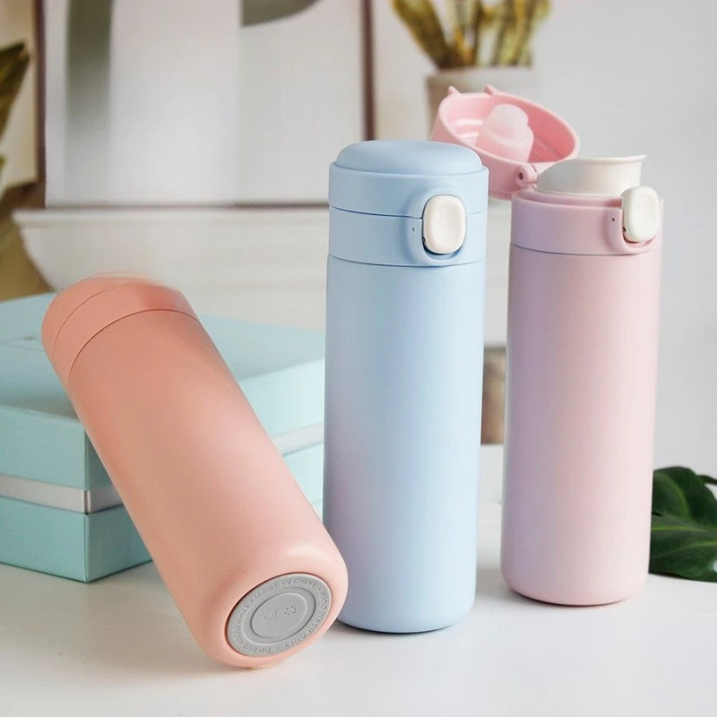 420ml Slim 304 Stainless Steel Insulated Water Bottle, One Click Pop Spring Lid Vacuum Thermos for Women Office Commute