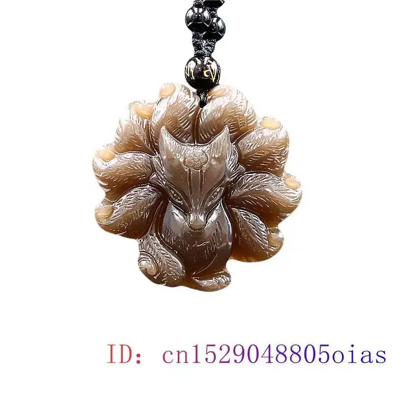 

Brown Jade Nine Tailed Fox Pendant Amulet Natural Necklace Carved Jewelry Gemstone Charm Jadeite Fashion Gifts Women Chinese