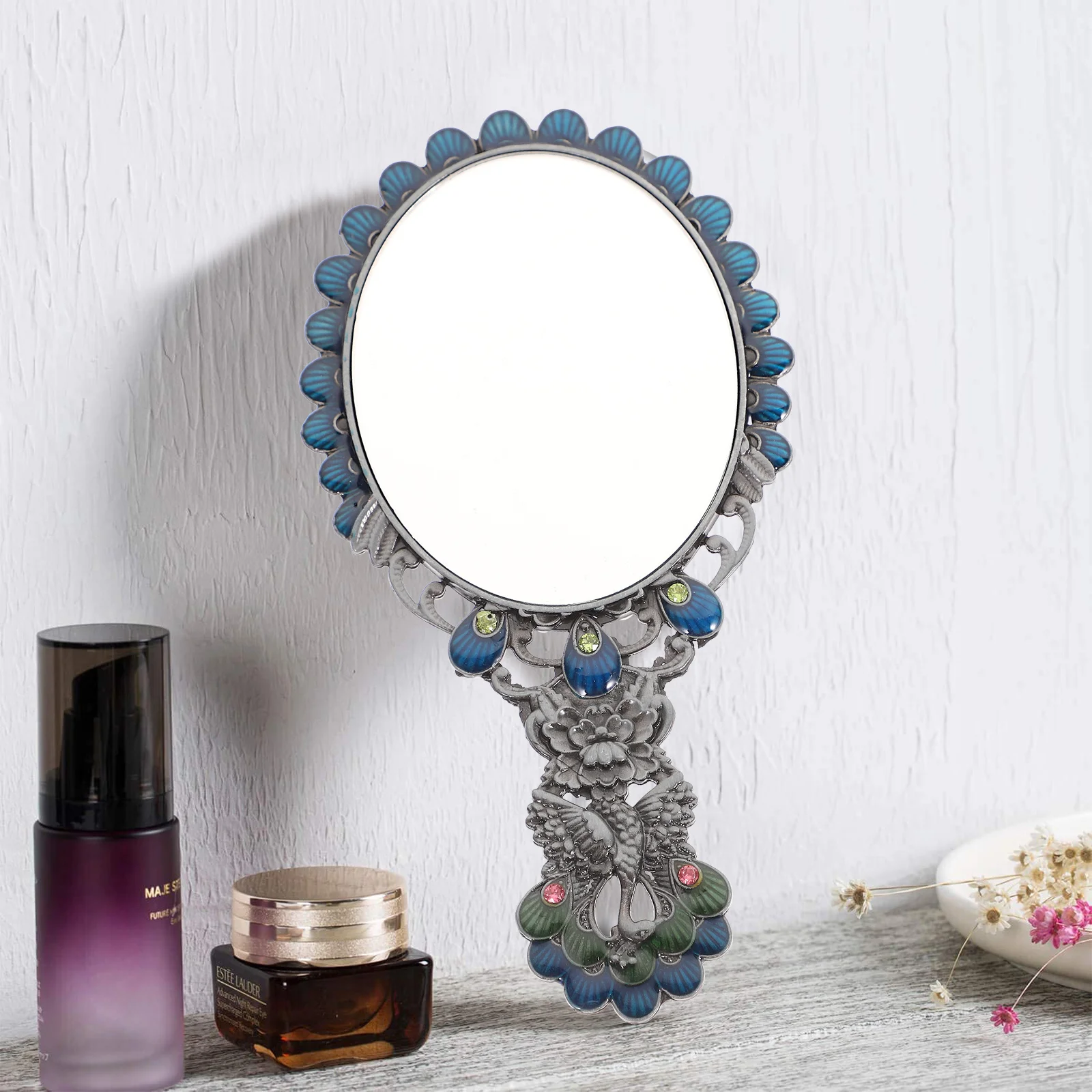 2 قطعة مرآة عتيقة ومشط مجموعة تصميم الطاووس مرآة ماكياج محمولة مدمجة صغيرة محمولة للسفر فكرة هدية المنزل #2