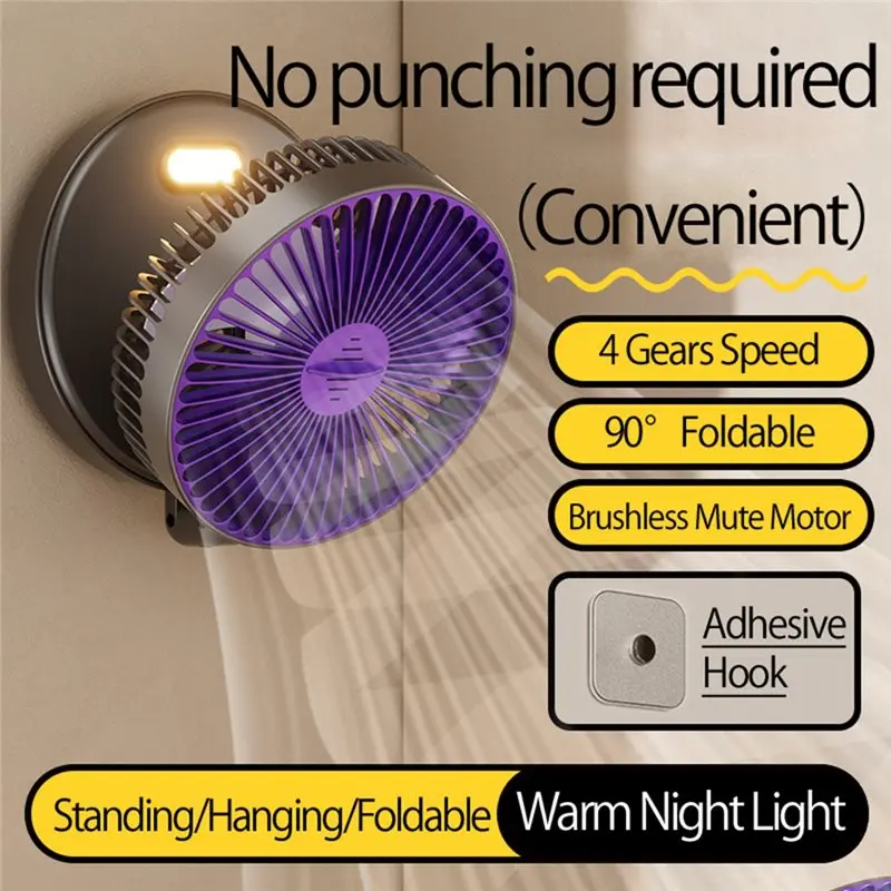 A84G-Portable Fan 5000Mah Rechargeable Multifunctional 4 Speed 90° Folding Wall Mount With Warm Night Light
