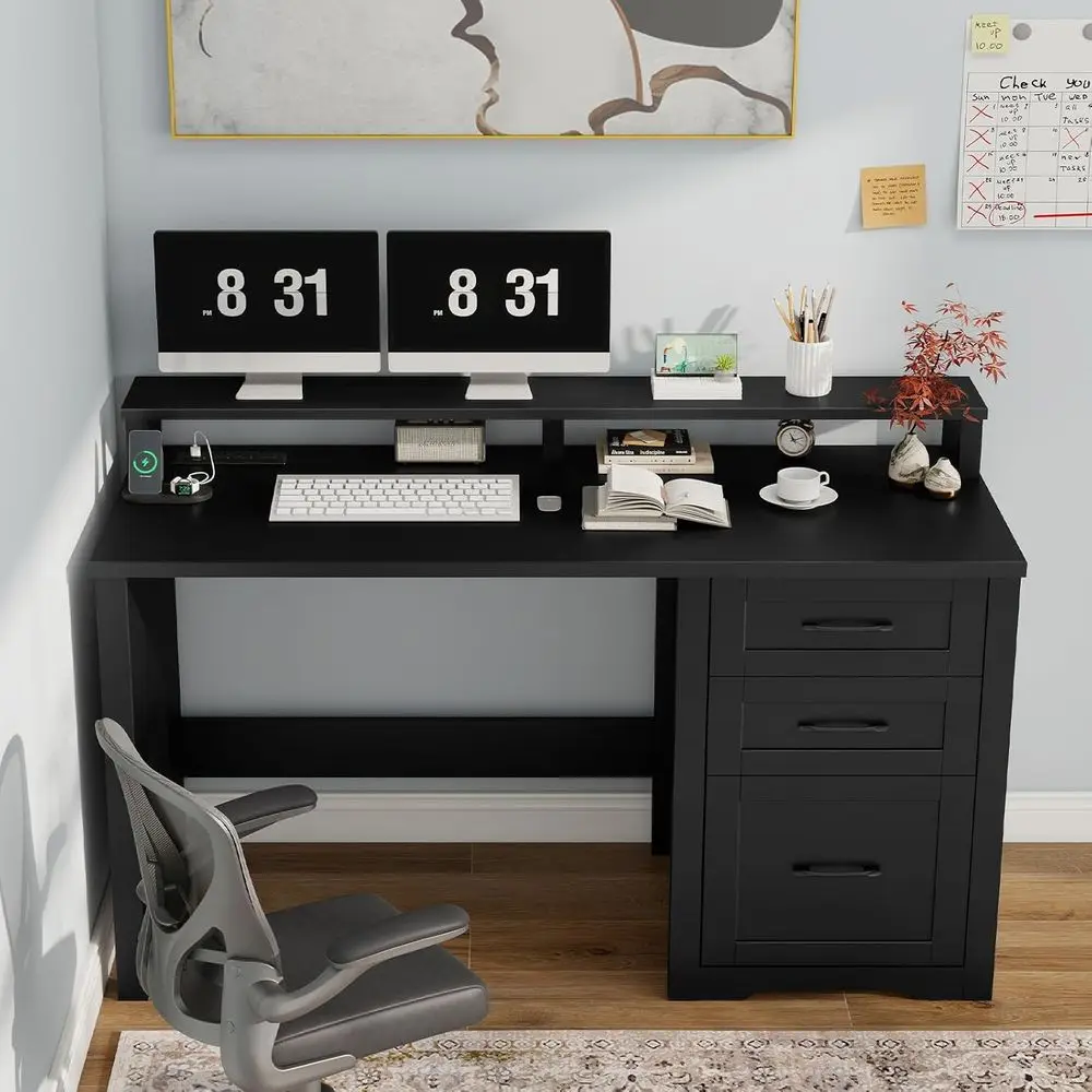 مكتب تنفيذي بذراع مقاس 47 بوصة مع حامل شاشة وأضواء LED ومنافذ طاقة للمكتب المنزلي والدراسة والكتابة باللون الأسود