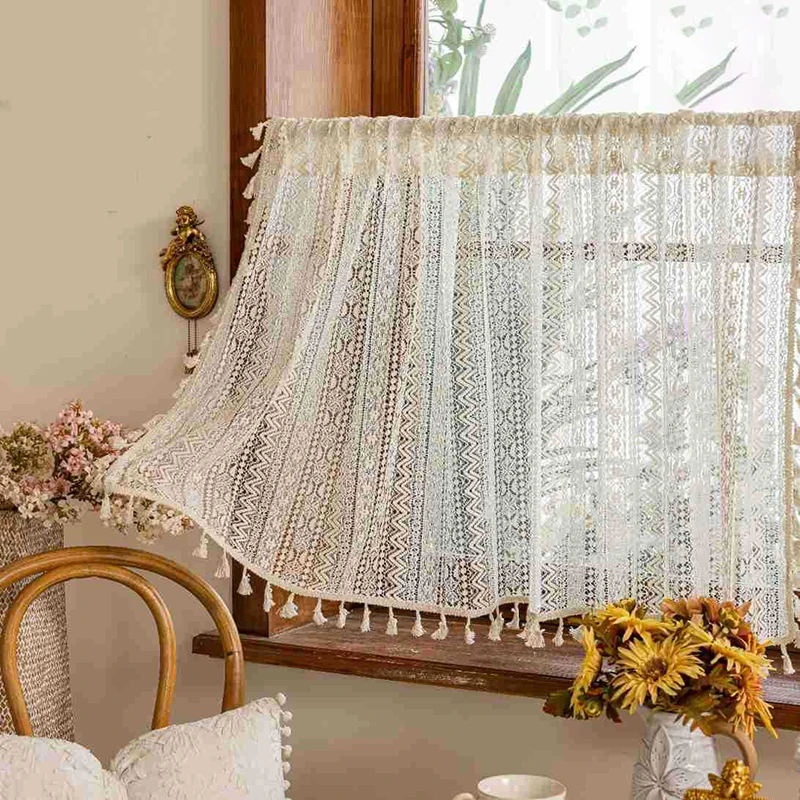 Boho Curtains Crochet Lace Semi-Sheer Hollow Out Knitted Tassels Window Curtain for Living Room Light Filtering Rod Pocket Drape