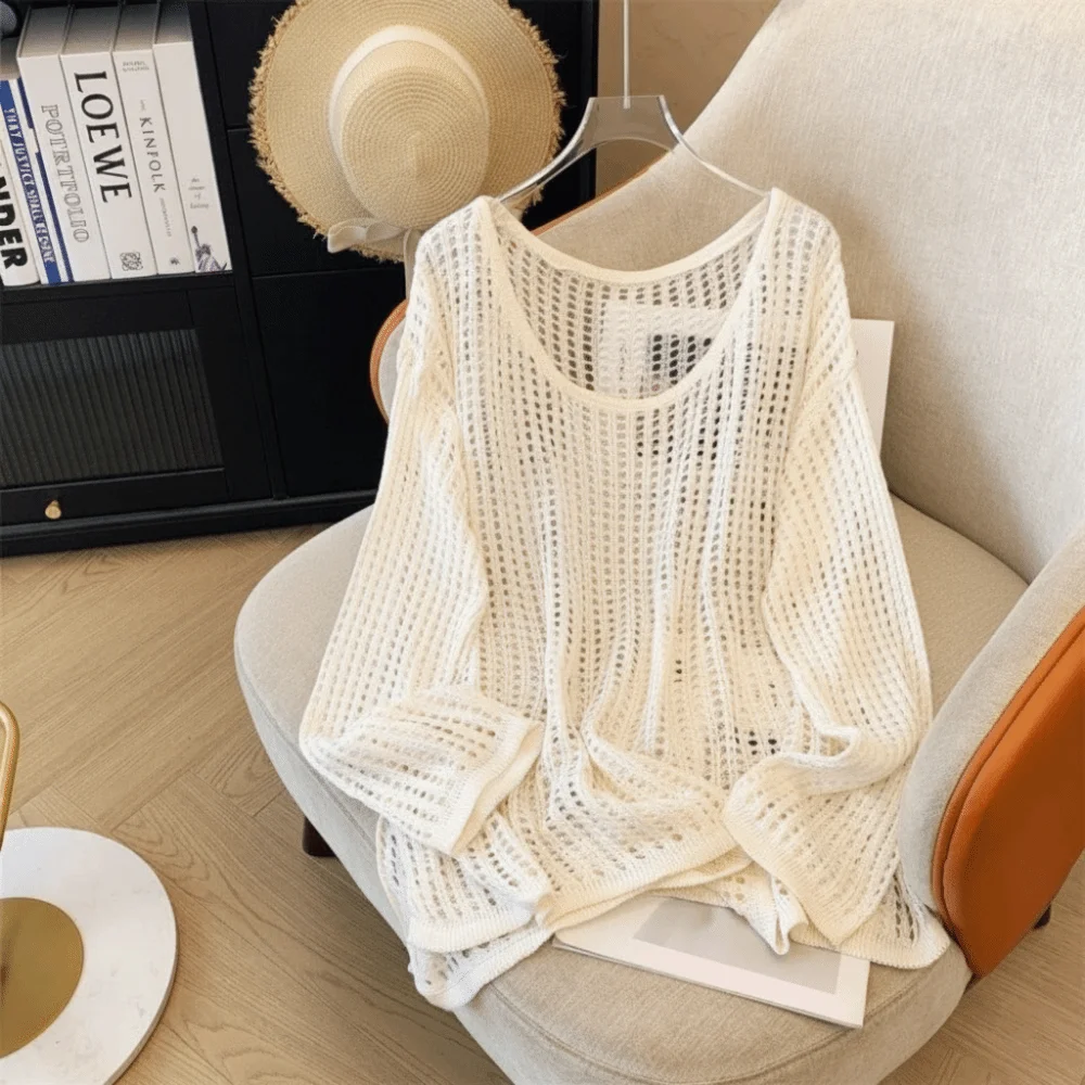 

Fashion Hollow Out Long Sleeved Top Solid Color Knitted Round Neck Pullover Versatile Loose Sun Protection Blouse Women