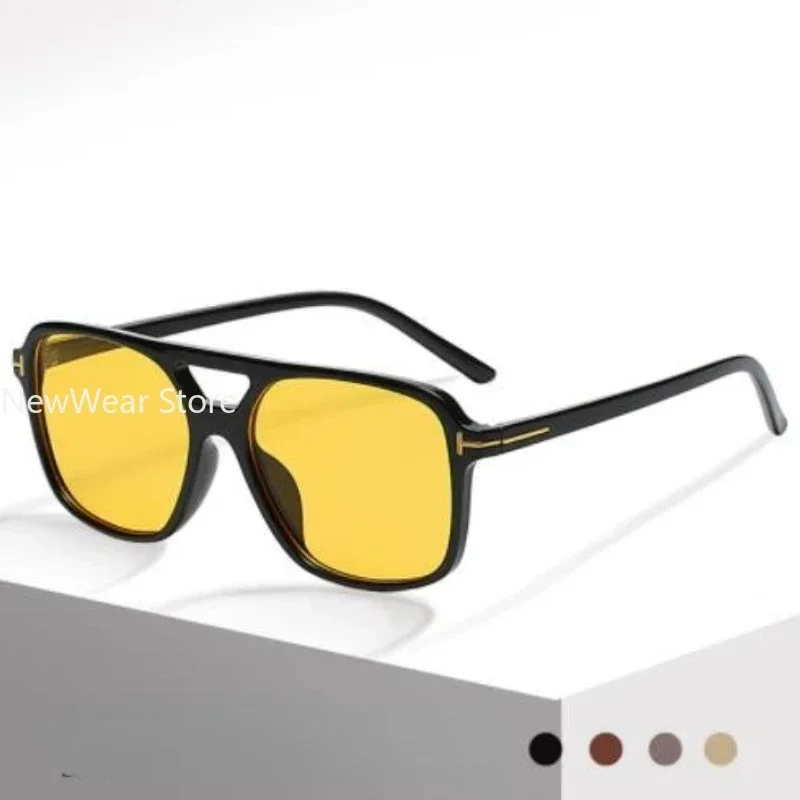 Oversized Rectangle Sunglasses Men 2024 Double Bridge Brand Design Blue Yellow Lens Tom Sun Glassses Shades for Women UV400