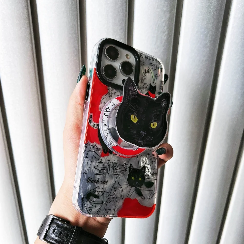 Luxury Graffiti black cat bracket Magnetic silver Phone Case protection for iPhone 16 15 13 14 Pro Max magsafe charge Coque