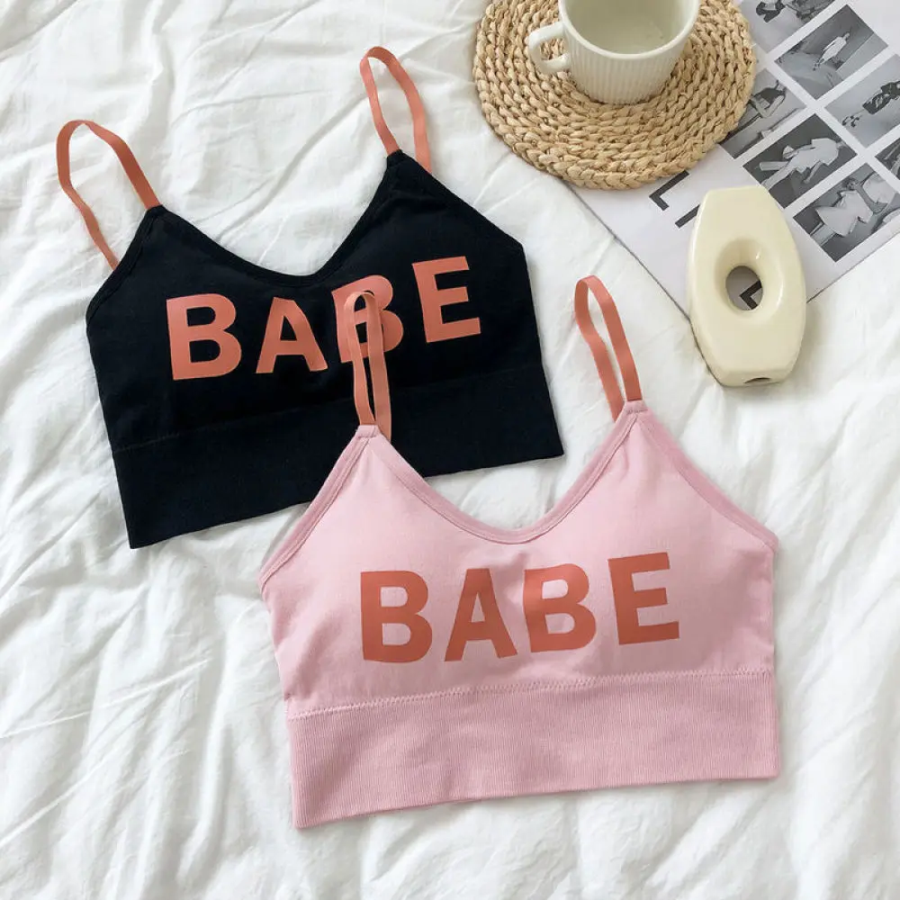 Trendy Padded Camisole Women Babe Letter Print Contrast Patchwork Sports Bra Breathable Fitness Casual Street Style Crop Vest