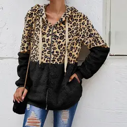 Hoodie Leopard Print Cardigan Drawstring Patchwork Women Hoodie for Winter chaquetas para mujeres