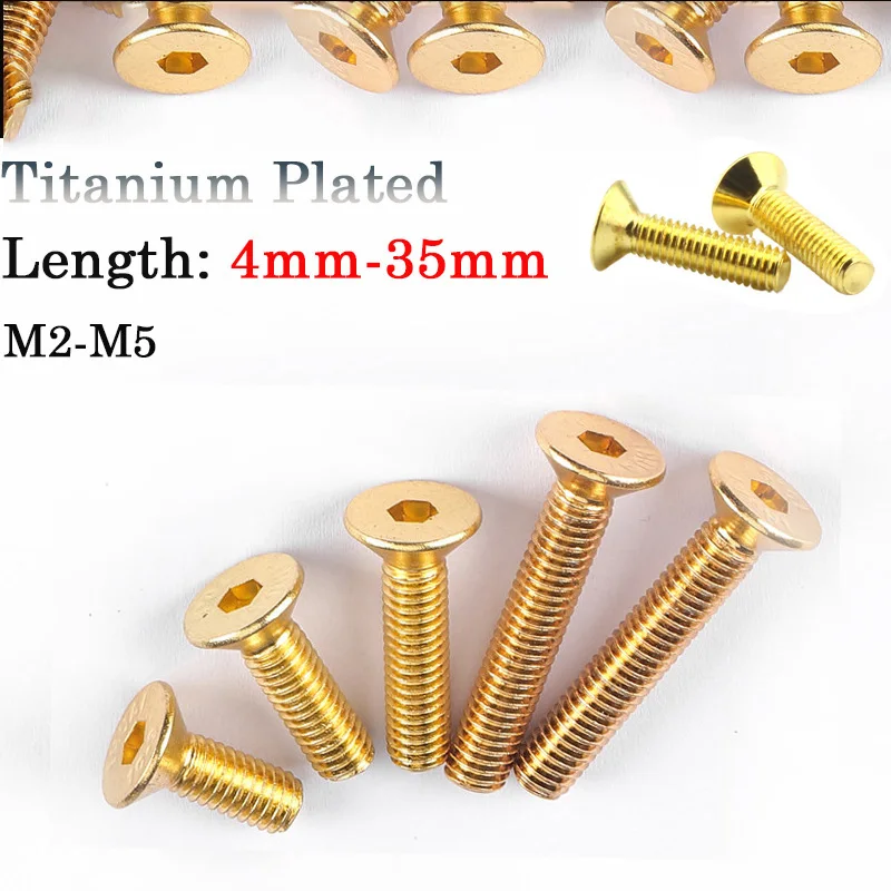 10Pcs M2 M2.5 M3 M4 M5 12.9-Grade Countersunk Hex Socket Screws, Titanium-Plated Gold, Flat-Head Hardened Alloy Steel Bolts