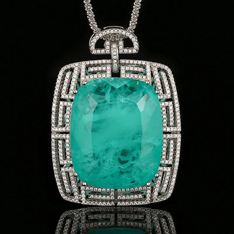 

Vintage Square Gemstone Necklace for Women Large Emerald Sapphire Morganite Necklace Sparkling Zircon Halo Statement Jewelry