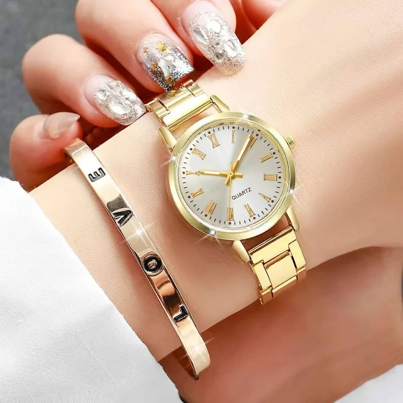 4PCS Fashion Women Watches Opening-cuff Bracelet Bangles Set Roma Dial Quartz Watch Accessories Relogio Feminino（Without Box）