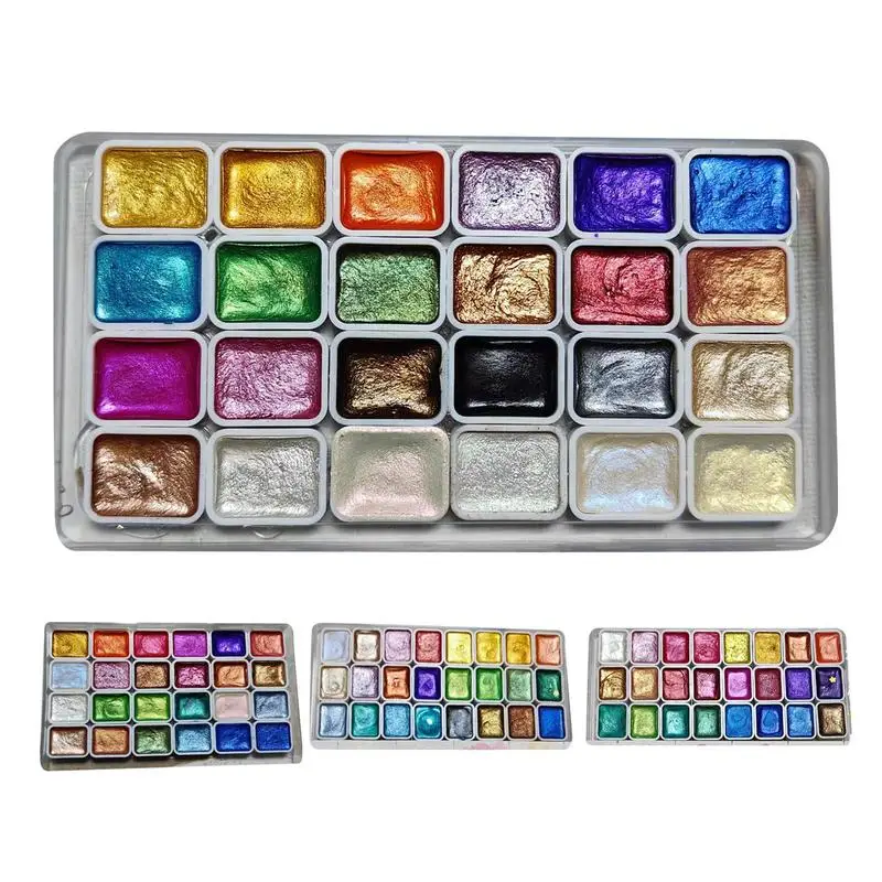 Beautiful 24 Colors Pearlescent Watercolor Set Textured Pigment M-etallic Glitter Oracular Portable Art Students Supplies