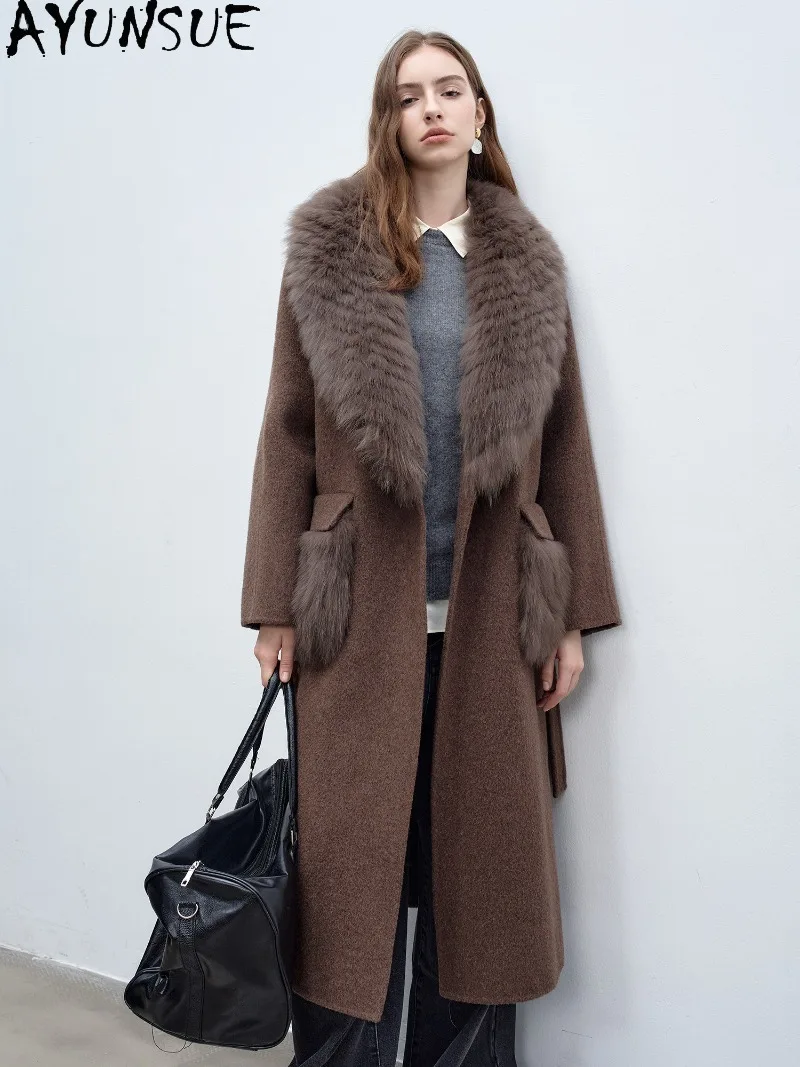 AYUNSUE Women Long Double-faced Wool Coat Oversized Natural Fox Fur Collar Female Winter Clothes Elegant Fashion Пальто Женское